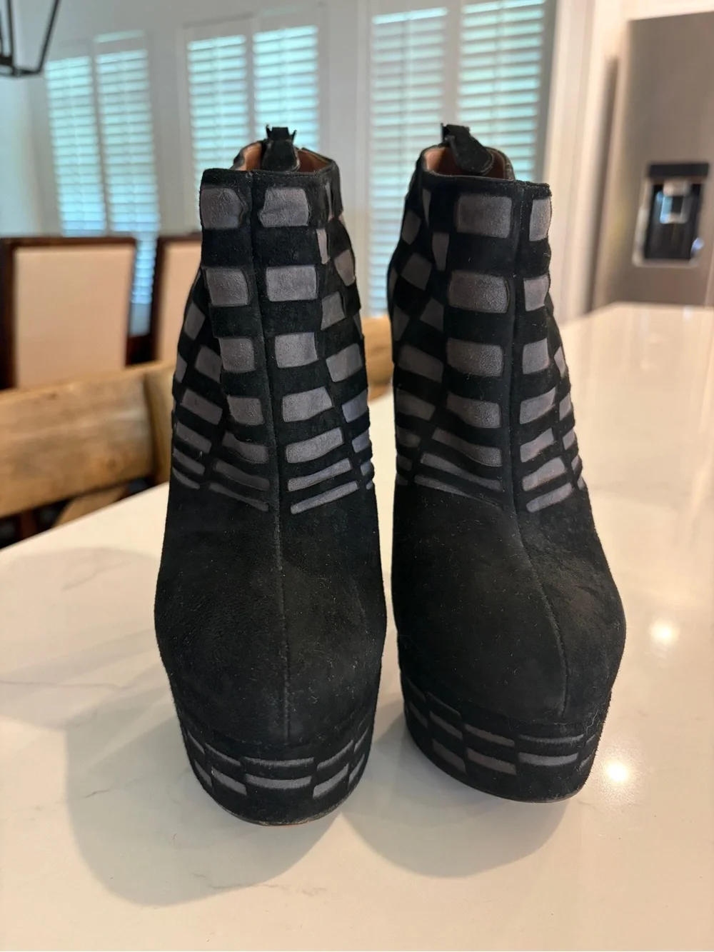 Alaia Black and Gray Suede Laser Cut Platform Booties Size Heels.Size 36 or US 6